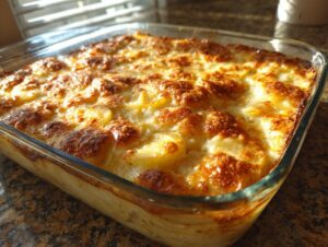 Close-up of a bubbling, golden brown au gratin potatoes dish in a glass baking pan, showcasing layers of creamy potatoes and cheese.