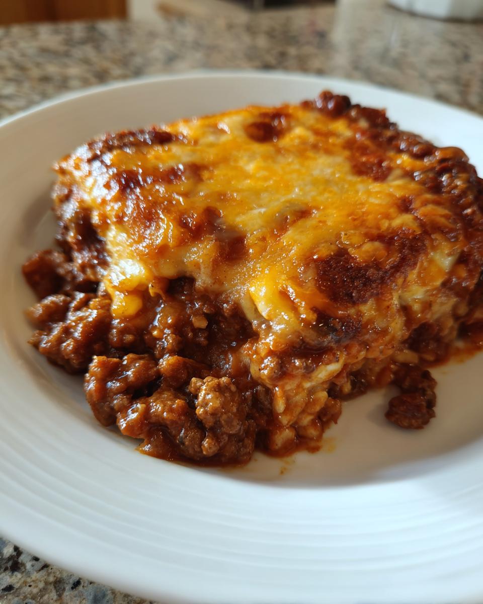 A close-up serving of baked beans and ground beef casserole topped with melted, browned cheddar cheese.