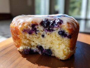 A delicious baked blueberry donut with a glaze and visible blueberries, showing a bite taken out.
