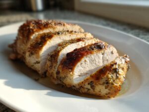 Close-up of a juicy, sliced baked chicken breast seasoned with herbs resting in its juices on a white platter.
