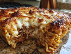 Close-up of a slice of baked chicken Parmesan casserole showing shredded chicken filling and melted, browned mozzarella cheese topping.