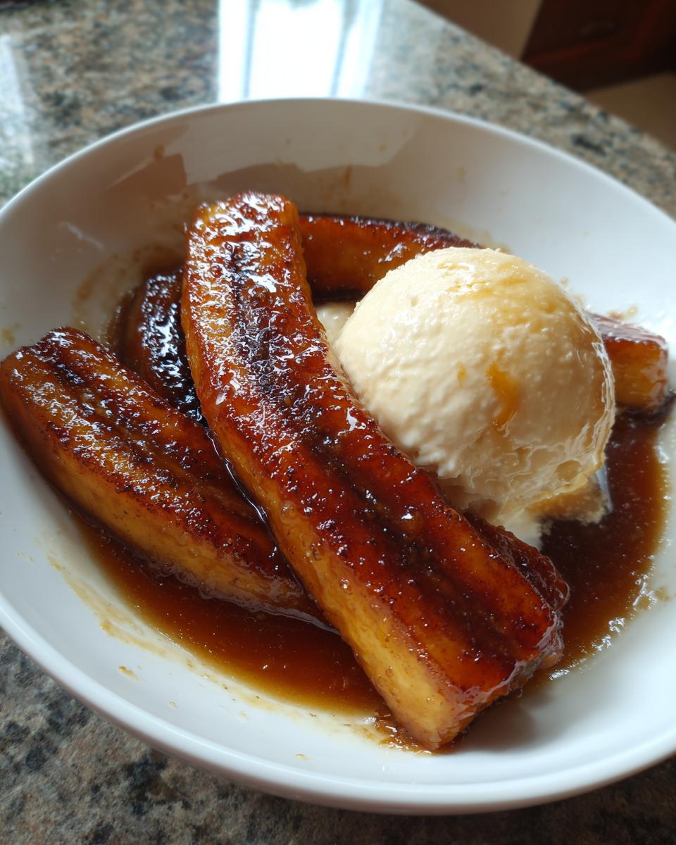 Close-up of caramelized bananas foster served in a white bowl with a scoop of vanilla ice cream and rich sauce.