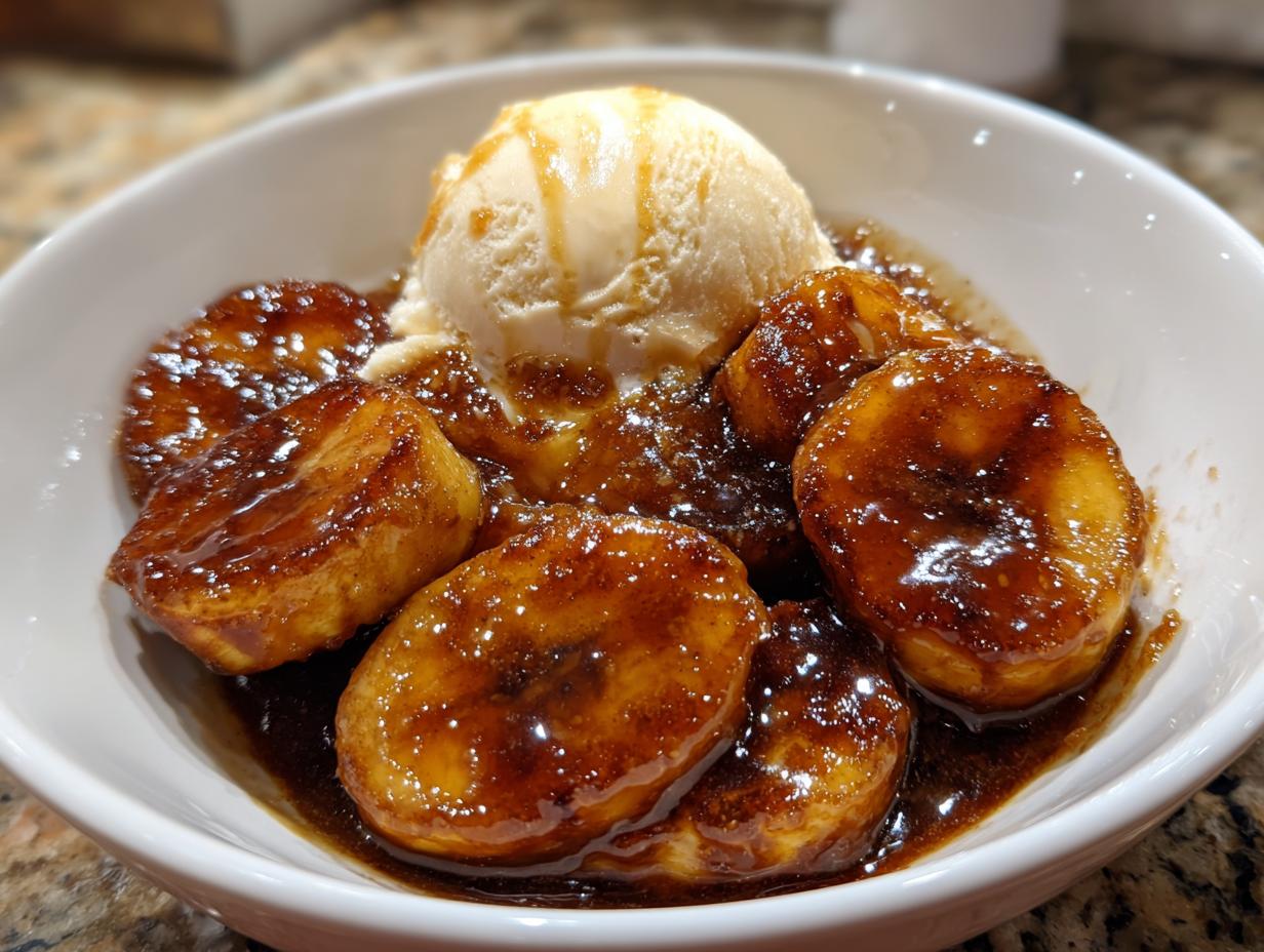 A white bowl filled with caramelized bananas in rich sauce, topped with a scoop of vanilla ice cream, showcasing the amazing bananas foster.