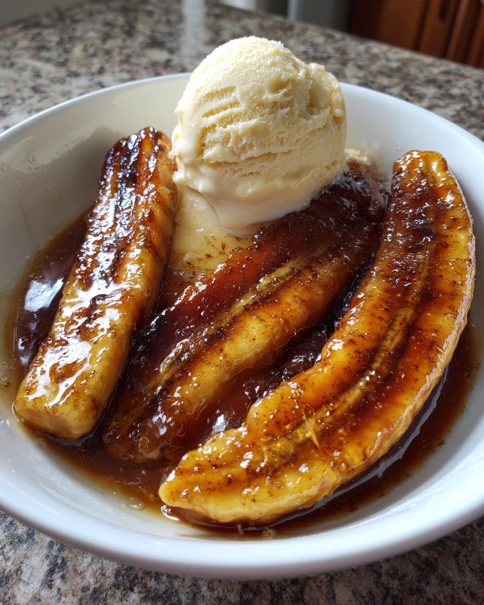 Close-up of caramelized bananas in sauce, served with a scoop of vanilla ice cream, classic Bananas Foster dessert.