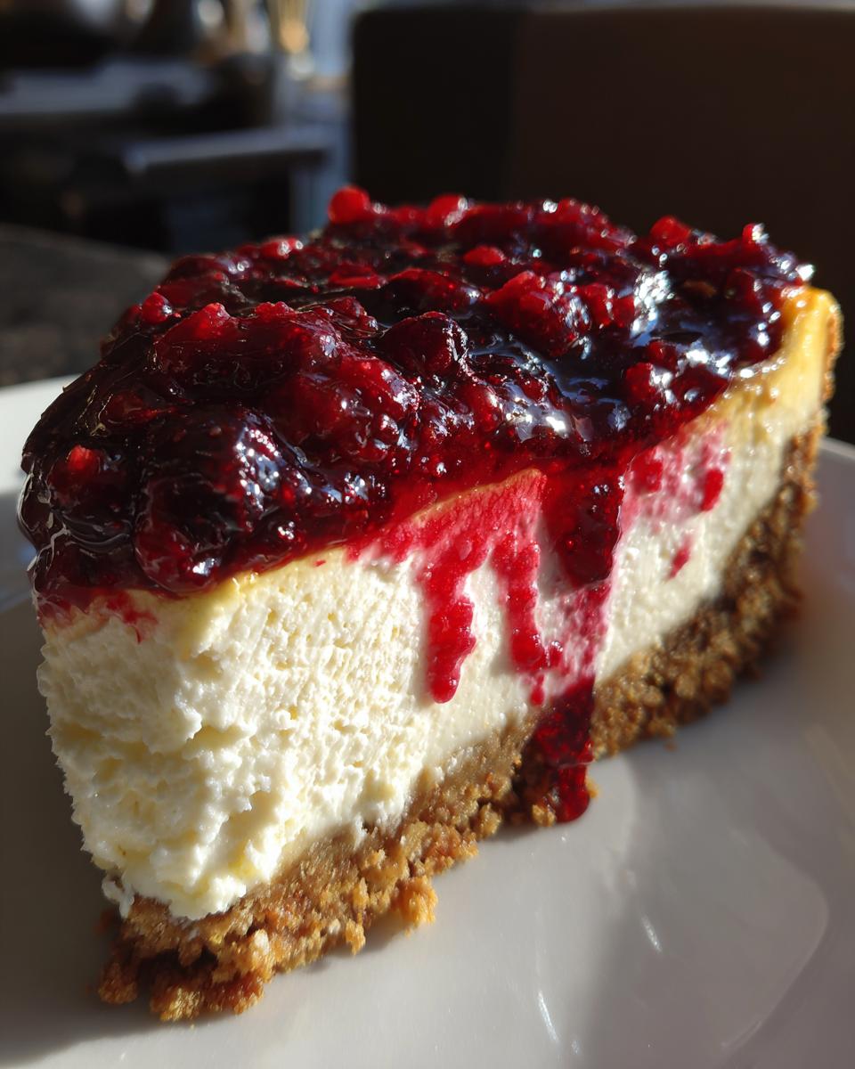 A close-up of a perfect slice of berry cheesecake showing the creamy filling and graham cracker crust.