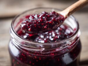A wooden spoon scoops up glistening blackberry jam from a glass jar.
