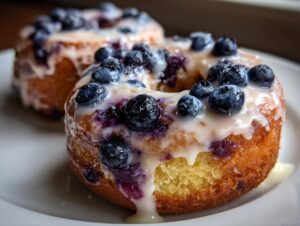 Close-up of delicious blueberry buttermilk donuts topped with fresh blueberries and a sweet glaze.