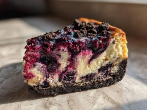 A delicious slice of Blueberry Oreo Cheesecake featuring a dark Oreo crust, creamy cheesecake filling swirled with blueberries, and topped with blueberry sauce and cookie crumbles.