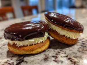 Two decadent Boston cream pie cookies featuring vanilla cream filling and shiny chocolate ganache topping.