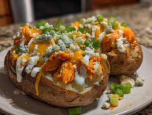 Two loaded Buffalo chicken baked potatoes topped with melted cheese, shredded chicken, blue cheese crumbles, and green onions.