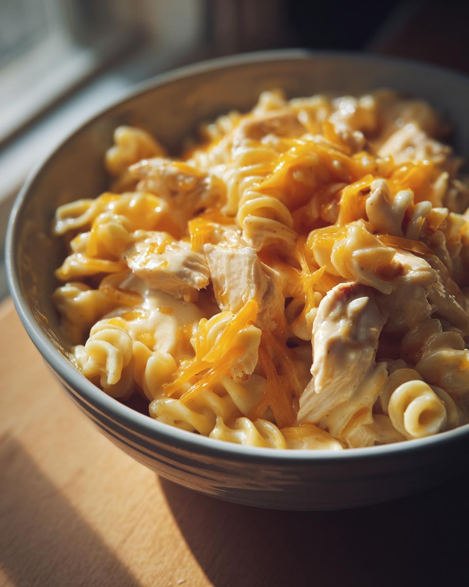A close-up of a bowl filled with creamy Cajun Ranch Chicken Pasta, featuring rotini noodles, shredded chicken, and melted cheddar cheese.