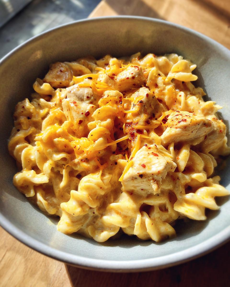 A close-up of a bowl filled with cajun ranch chicken pasta, featuring fusilli noodles, chicken pieces, and a creamy cheese sauce.