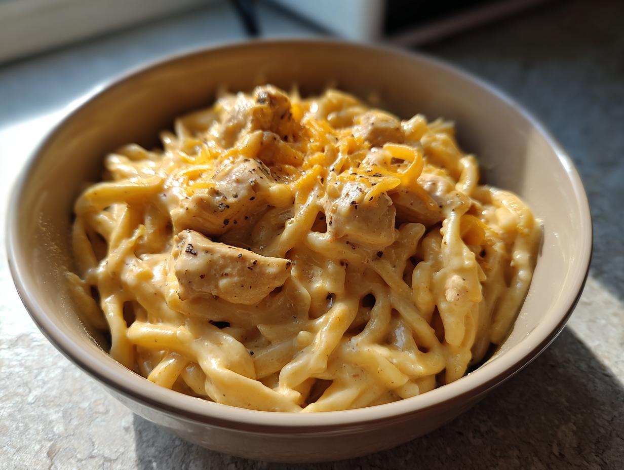 A close-up of a bowl filled with creamy Cajun ranch chicken pasta, topped with shredded cheese and black pepper.