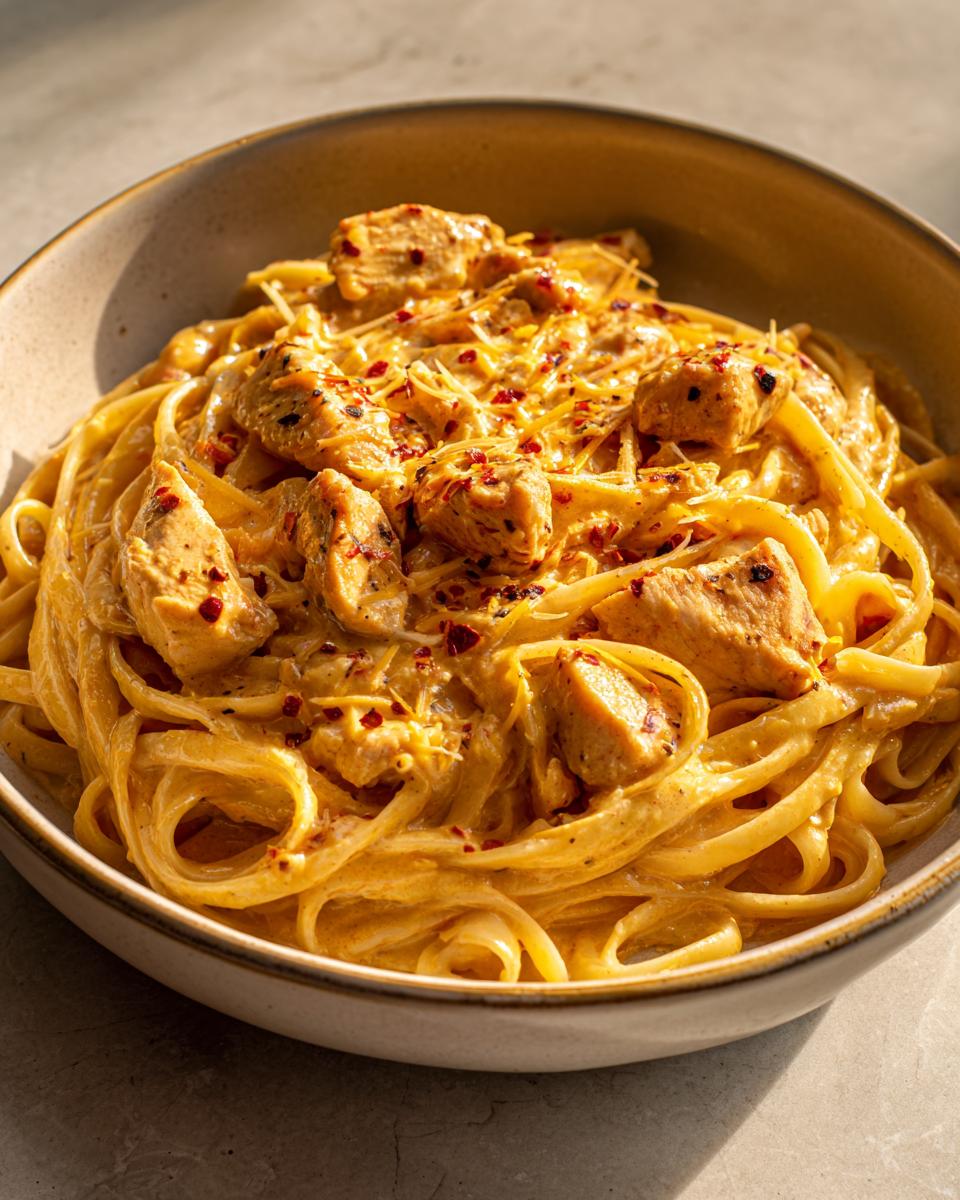A close-up of a bowl of cajun ranch chicken pasta, featuring fettuccine noodles coated in a creamy sauce, topped with diced chicken and red pepper flakes.