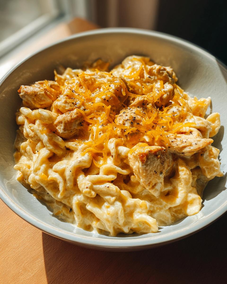 Close-up of a bowl of creamy Cajun Ranch Chicken Pasta topped with shredded cheddar cheese and black pepper.