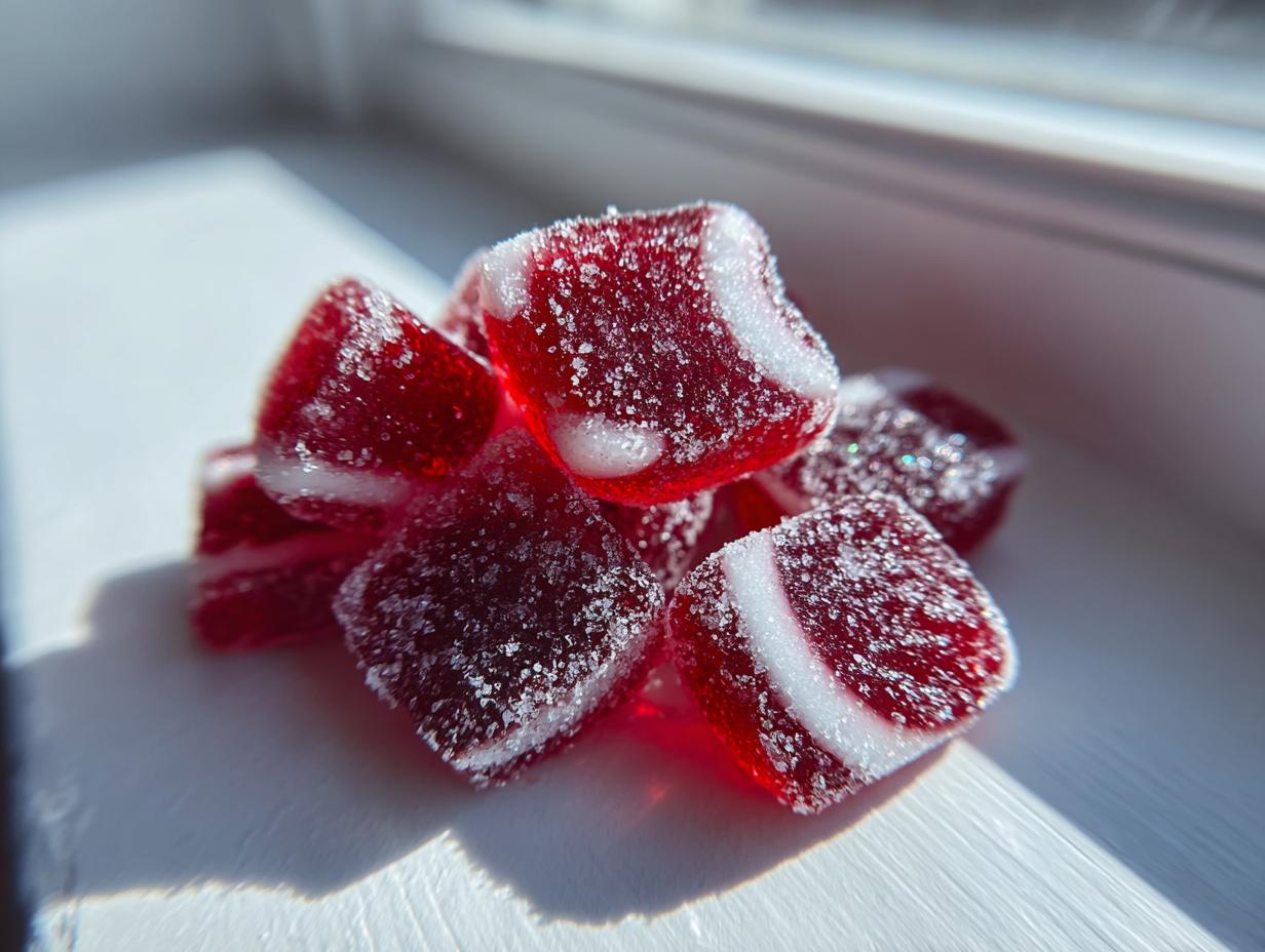 A small pile of vibrant red, sugar-coated Candy Cane Fireball Gummies with white stripes, sitting on a bright white surface near a window.