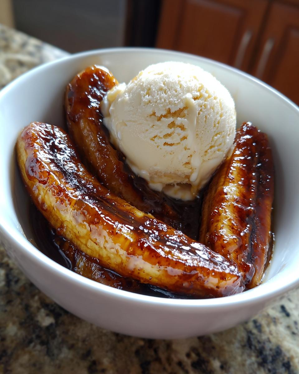 Close-up of caramelized bananas foster served in a white bowl with a scoop of melting vanilla ice cream.