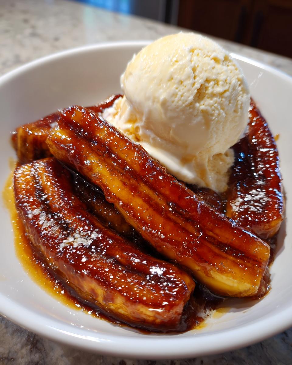 Close-up of caramelized bananas foster topped with a scoop of vanilla ice cream and powdered sugar.