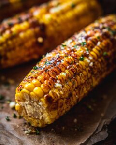 Close-up of a delicious cheesy garlic butter corn on the cob, glistening with butter and sprinkled with herbs.