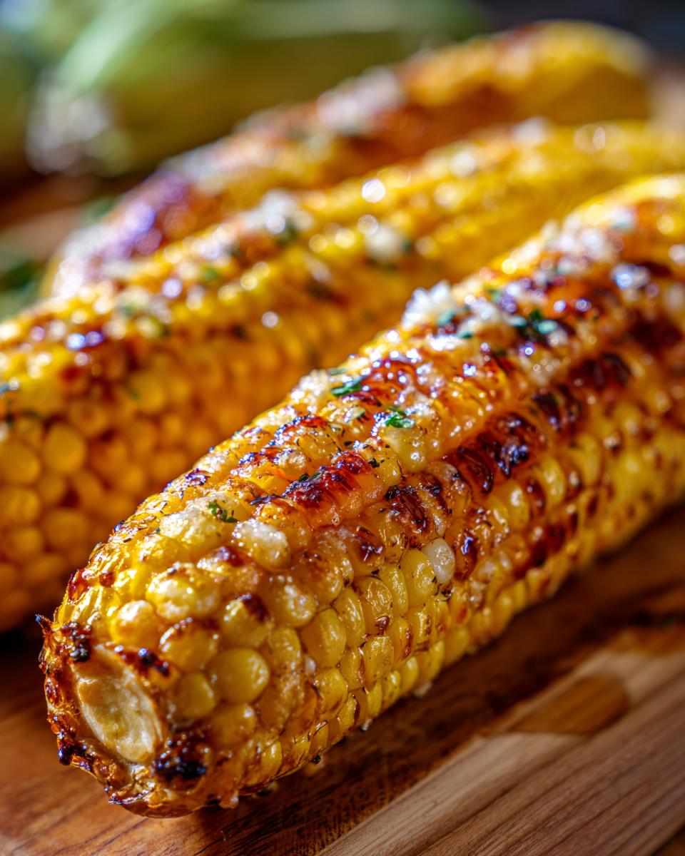 Close-up of delicious, grilled cheesy garlic butter corn on the cob, glistening with butter and herbs.