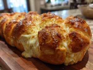 Close-up of cheesy Hawaiian roll garlic bread, golden brown and gooey with melted cheese.