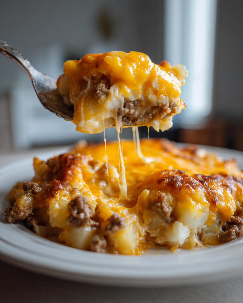 A fork lifts a portion of cheesy potato skillet, showing melted cheese stretching dramatically over ground meat and potatoes.