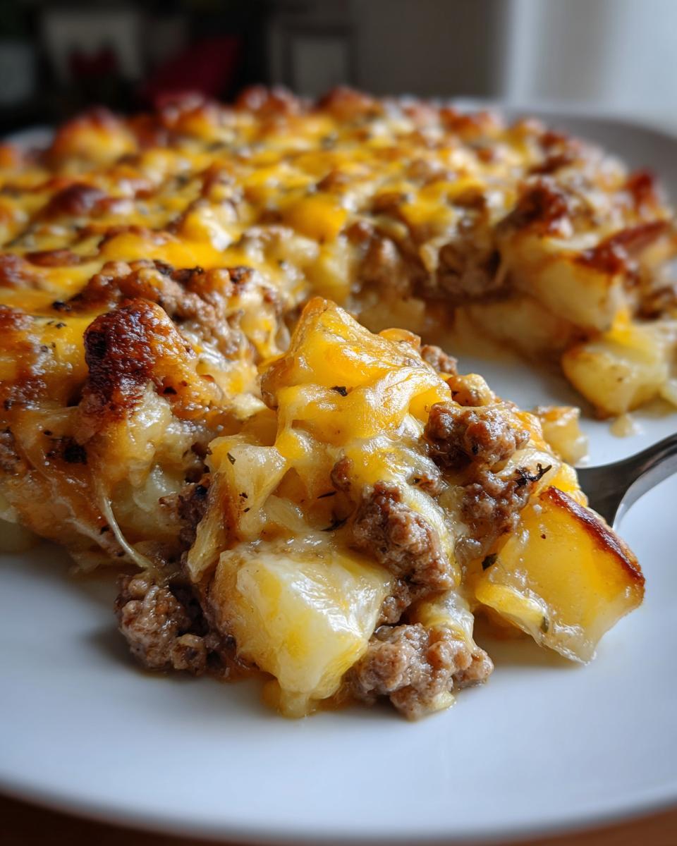 A fork lifts a portion of cheesy potato skillet mixed with ground beef from the main dish onto a white plate.