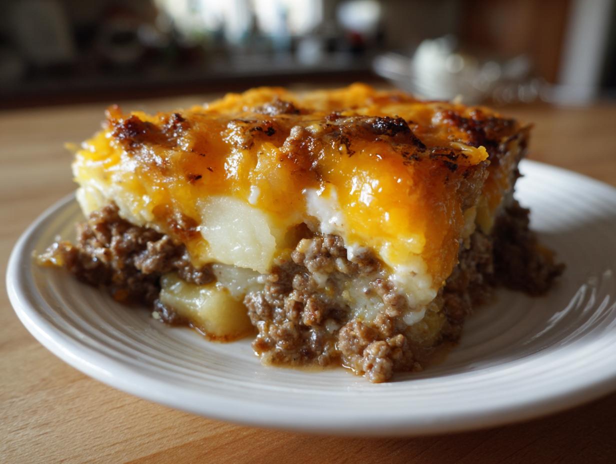 A hearty serving of cheesy potato skillet featuring layers of ground beef, potatoes, and melted cheddar cheese.