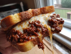 Close-up of a cheesy texas toast sloppy joes sandwich with meat sauce dripping melted mozzarella cheese.