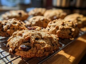 Close-up of freshly baked cherry chocolate mocha cookies cooling on a wire rack, showcasing their texture and inclusions.