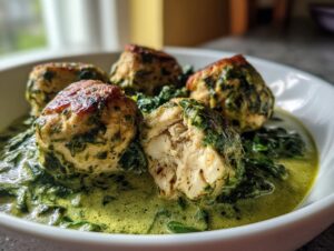 Close-up of tender chicken ricotta meatballs served in a creamy spinach sauce. One meatball is cut open to show the juicy interior.