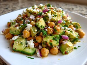 Close-up of a vibrant Chickpea feta avocado salad featuring chunks of avocado, chickpeas, feta, and red onion.