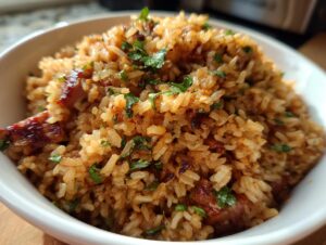 Close-up of a bowl of Chipotle BBQ chicken and rice skillet, garnished with fresh parsley.