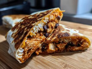 A grilled chipotle ranch chicken burrito cut in half showing chicken, rice, and black beans inside.