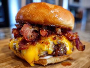 A mouthwatering close-up of a chipotle whiskey bacon smash burger, featuring melted cheese and crispy bacon.