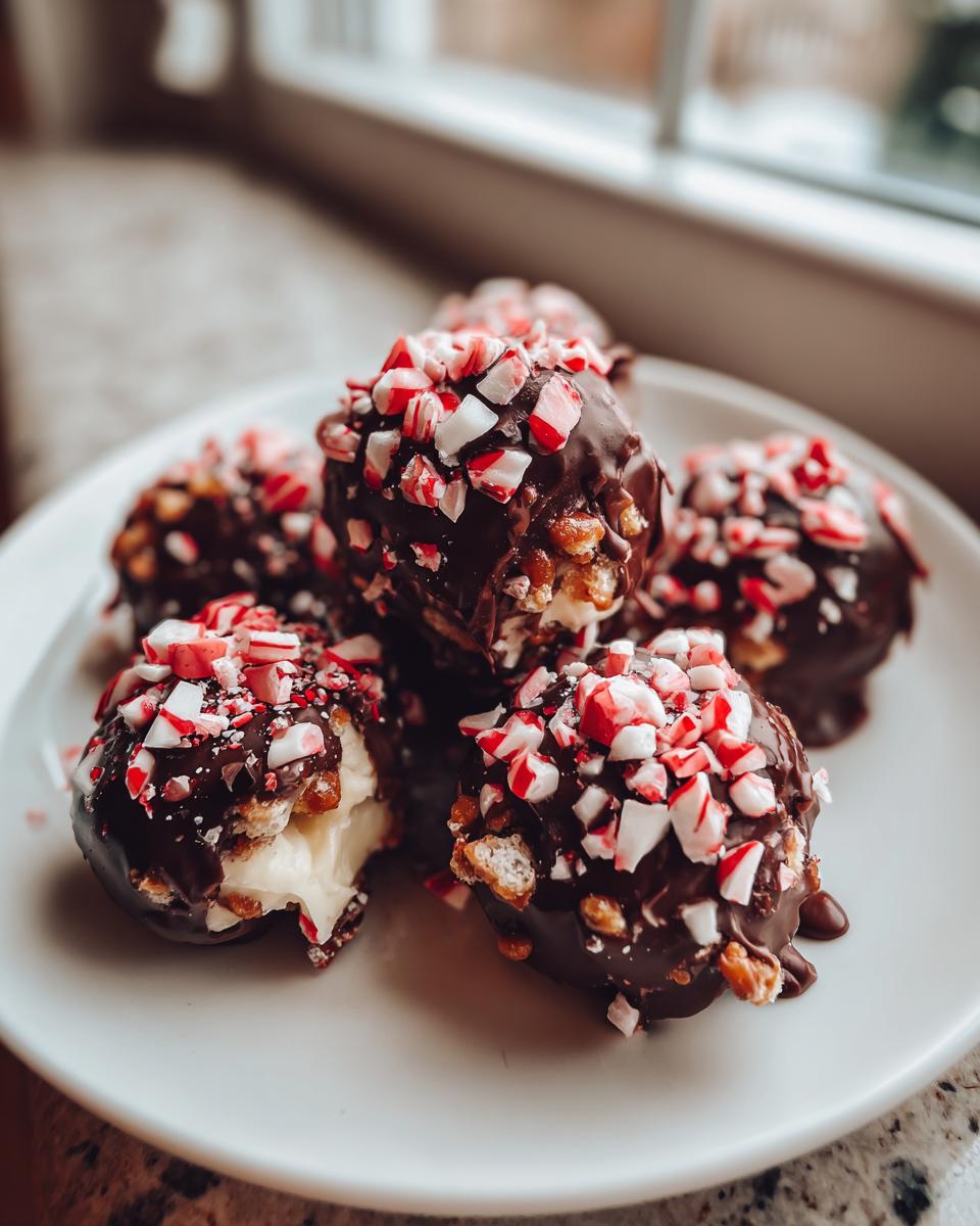 Chocolate-dipped truffles topped with crushed candy canes, perfect for no bake Christmas desserts.
