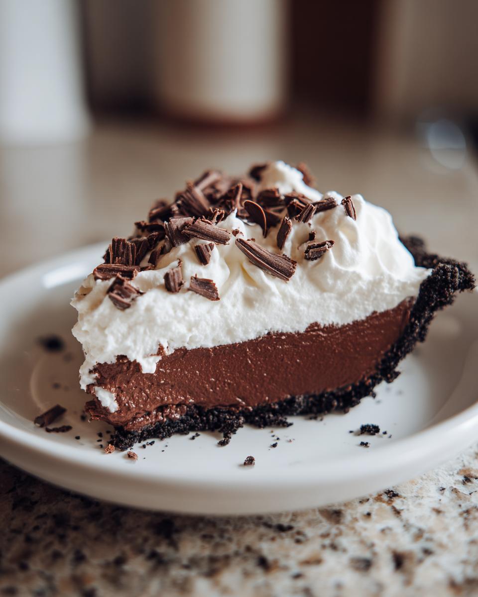 A decadent slice of Christmas chocolate cream pie featuring a dark crust, rich filling, and whipped cream topped with chocolate shavings.