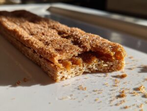 Close-up of a piece of Churro Cracker Candy, showing the flaky texture and cinnamon sugar coating.