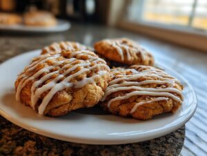 Close-up of several delicious cinnamon bun cookies drizzled with white icing on a white plate.