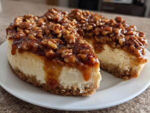 A slice of delicious Cinnamon Pecan Pie Cheesecake with a gooey caramel topping and pecan nuts.