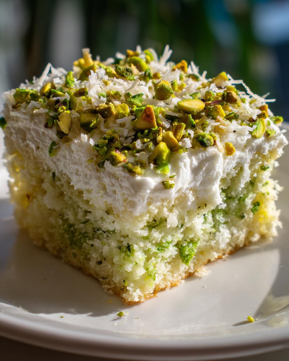 Close-up of a slice of moist coconut and pistachio pudding cake topped with white frosting and chopped pistachios.