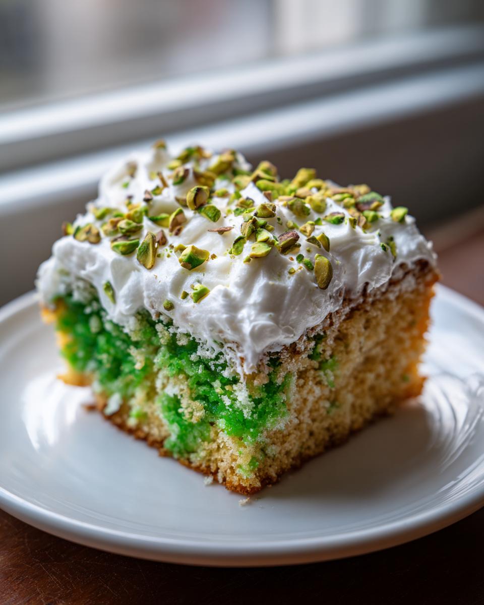 A square slice of vibrant green and yellow coconut and pistachio pudding cake topped with whipped cream and chopped pistachios.
