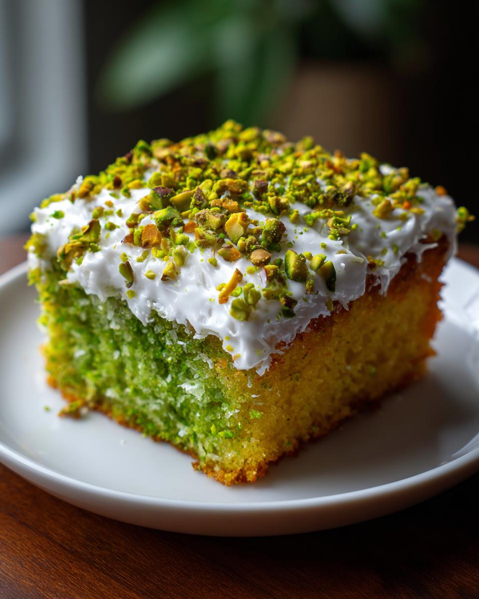 A square slice of vibrant coconut and pistachio pudding cake topped with white frosting and chopped pistachios.