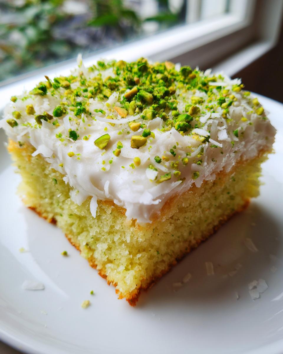 A square slice of moist coconut and pistachio pudding cake topped with white frosting, shredded coconut, and chopped pistachios.