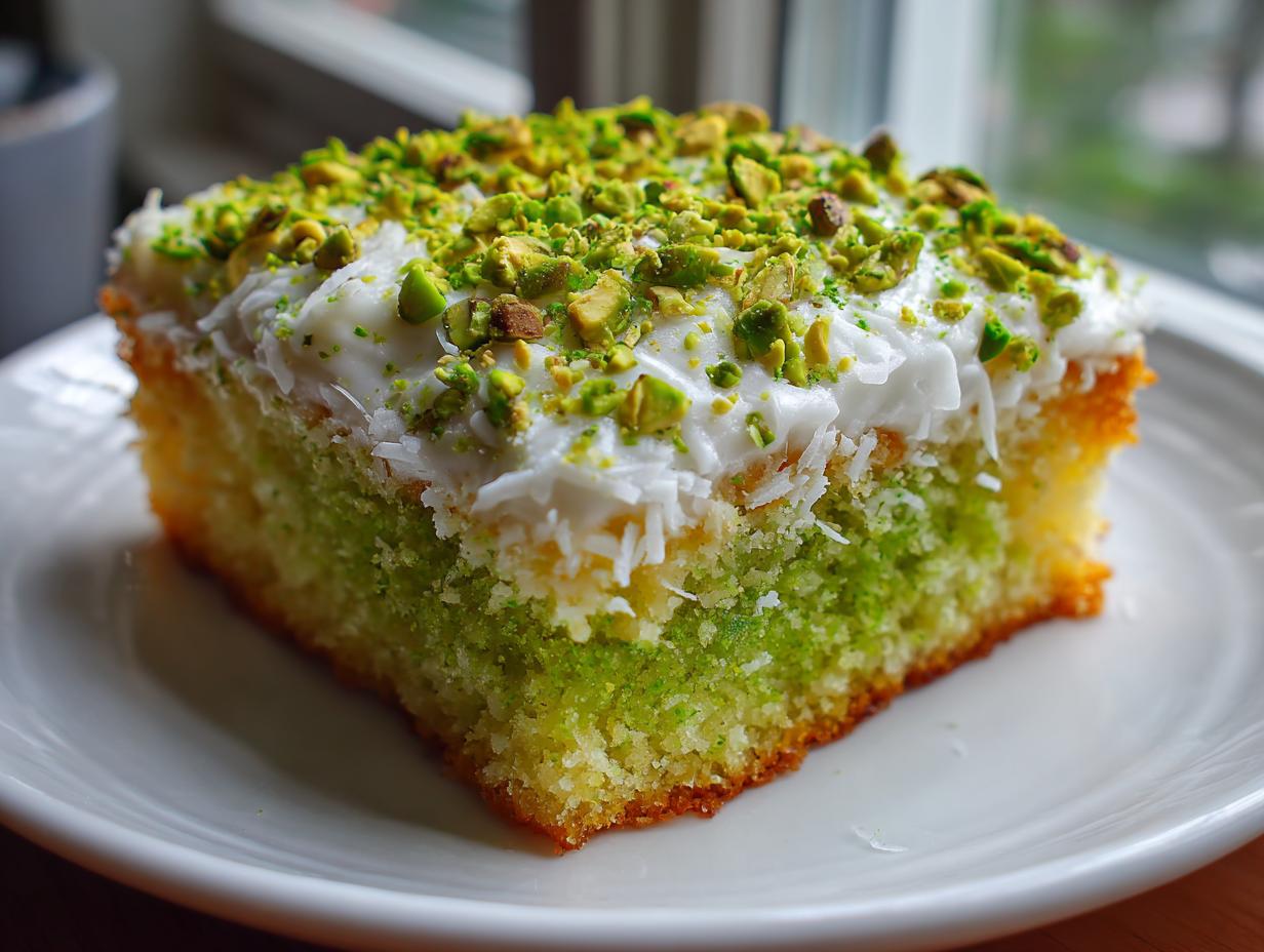 A close-up of a moist slice of coconut and pistachio pudding cake topped with white frosting and chopped pistachios.