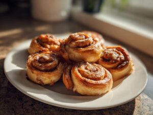 A plate of freshly baked Cranberry Roll Ups, drizzled with white icing and bathed in warm sunlight.