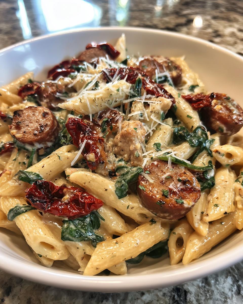 Close-up of creamy chicken sausage pasta featuring penne, sliced sausage, spinach, and sun-dried tomatoes.