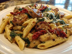 Close-up of creamy chicken sausage pasta featuring penne, browned sausage slices, spinach, and sun-dried tomatoes.