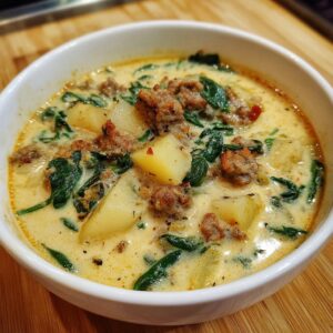 Close-up of a bowl of creamy italian sausage soup featuring chunks of potato, browned sausage, and wilted spinach.