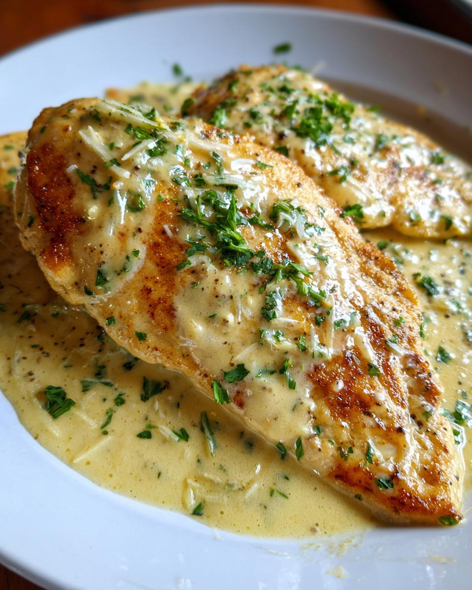 Two golden-brown chicken breasts smothered in a rich, creamy lemon sauce and topped with grated cheese and fresh parsley.